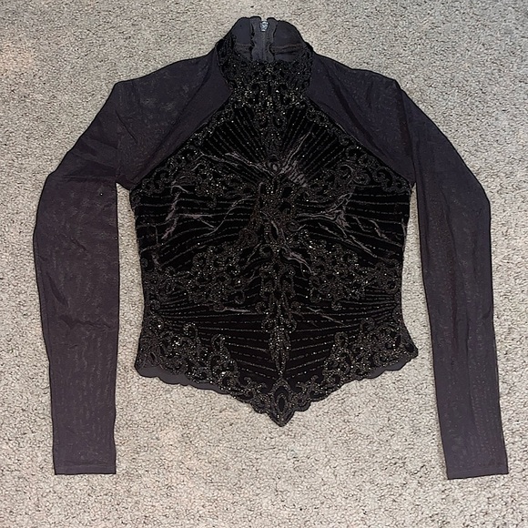 Tadashi Shoji Vintage Mock Neck Long Sleeve Sheer Velvet Beaded Top Brown XS - Picture 2 of 10